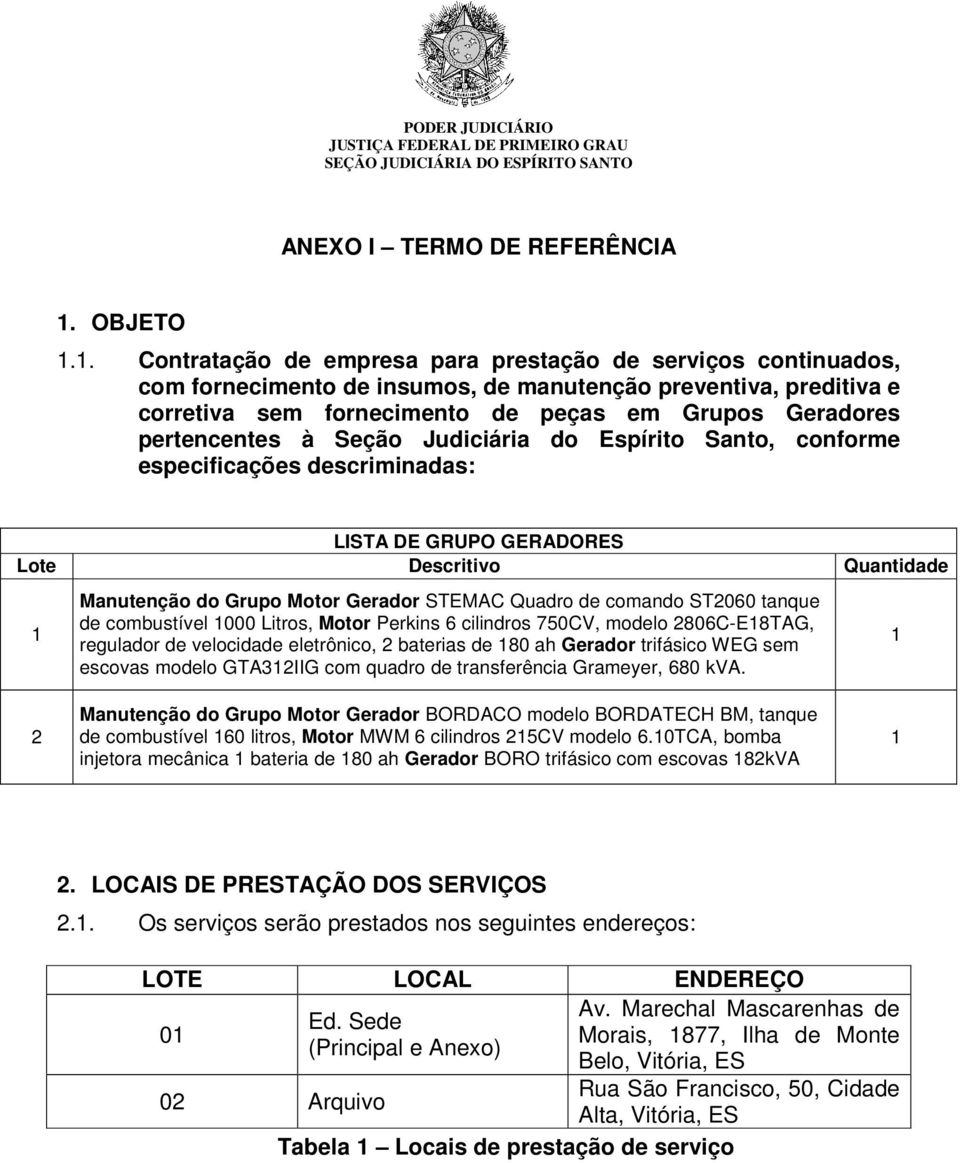 1. Contratação de empresa para prestação de serviços continuados, com fornecimento de insumos, de manutenção preventiva, preditiva e corretiva sem fornecimento de peças em Grupos Geradores