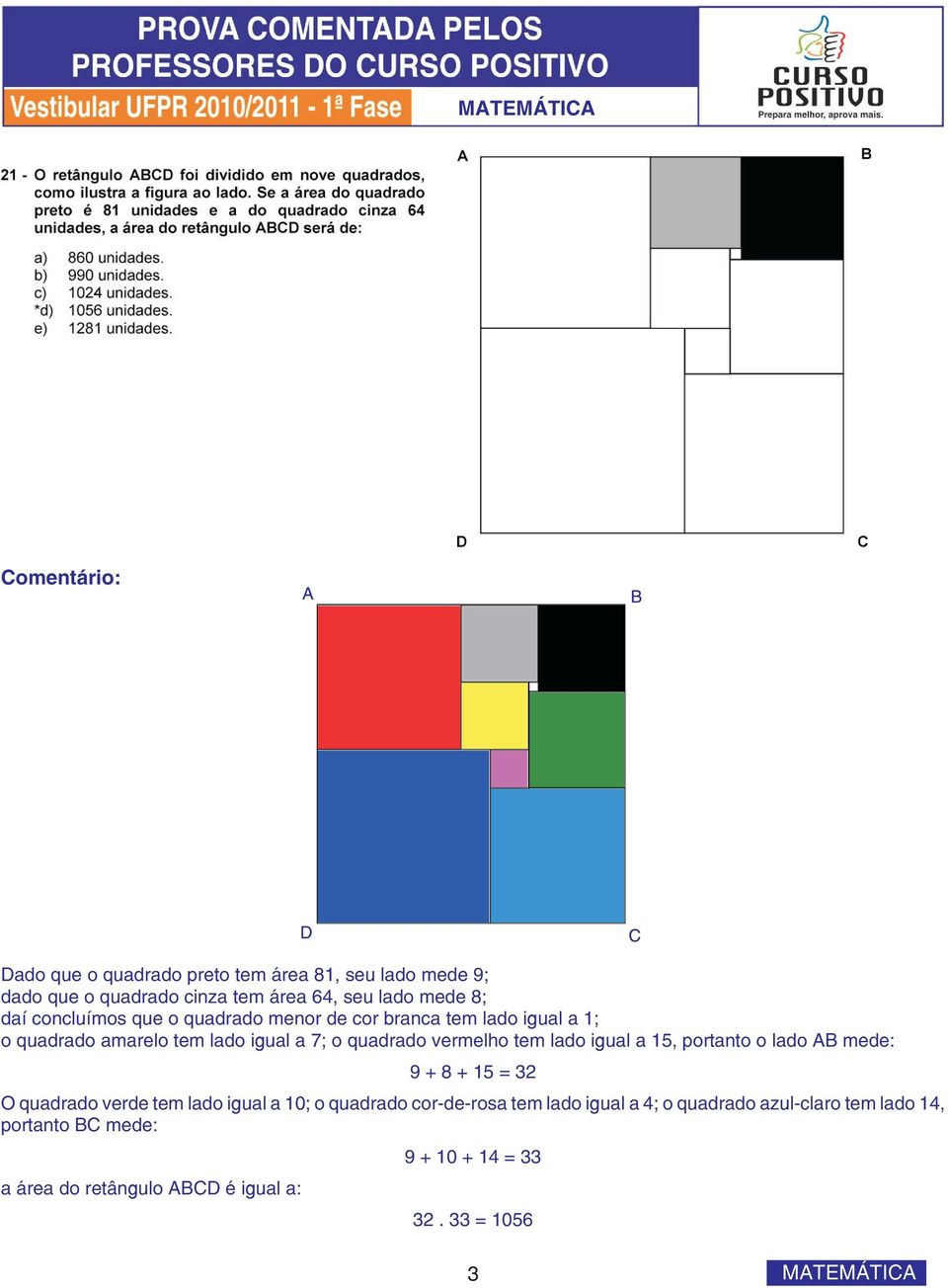 a 15, portanto o lado AB mede: 9 + 8 + 15 = 3 O quadrado verde tem lado igual a 10; o quadrado cor-de-rosa tem lado igual a 4; o