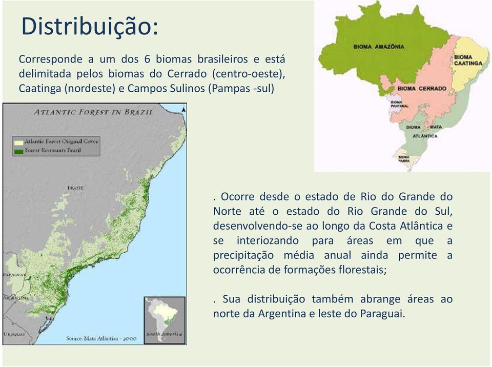 Ocorre desde o estado de Rio do Grande do Norte até o estado do Rio Grande do Sul, desenvolvendo-se ao longo da Costa