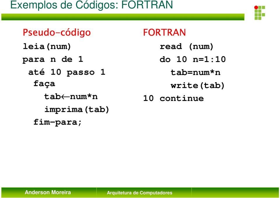 num*n imprima(tab) fim-para; FORTRAN read