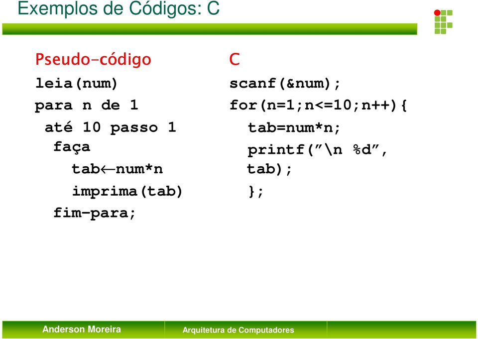 num*n imprima(tab) fim-para; C scanf(&num);