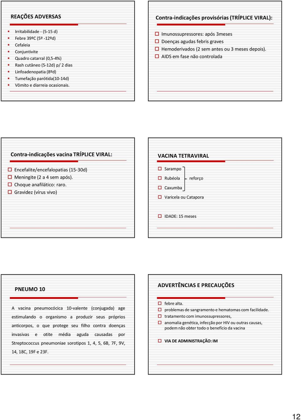 AIDS em fase não controlada Contra-indicações vacina TRÍPLICE VIRAL: Encefalite/encefalopatias (15-30d) Meningite (2 a 4 sem após). Choque anafilático: raro.