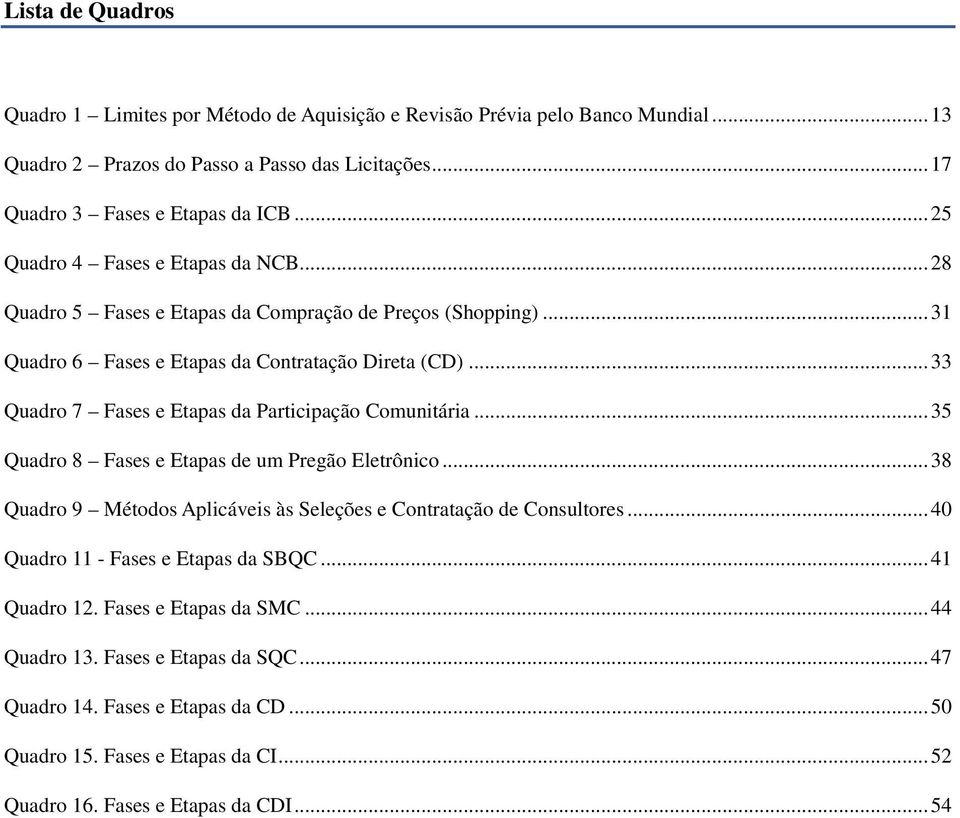 .. 33 Quadro 7 Fases e Etapas da Participação Comunitária... 35 Quadro 8 Fases e Etapas de um Pregão Eletrônico... 38 Quadro 9 Métodos Aplicáveis às Seleções e Contratação de Consultores.