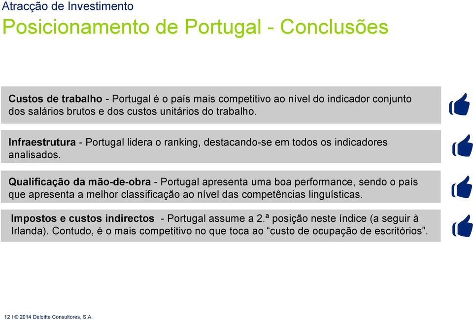 Qualificação da mão-de-obra - Portugal apresenta uma boa performance, sendo o país que apresenta a melhor classificação ao nível das competências linguísticas.