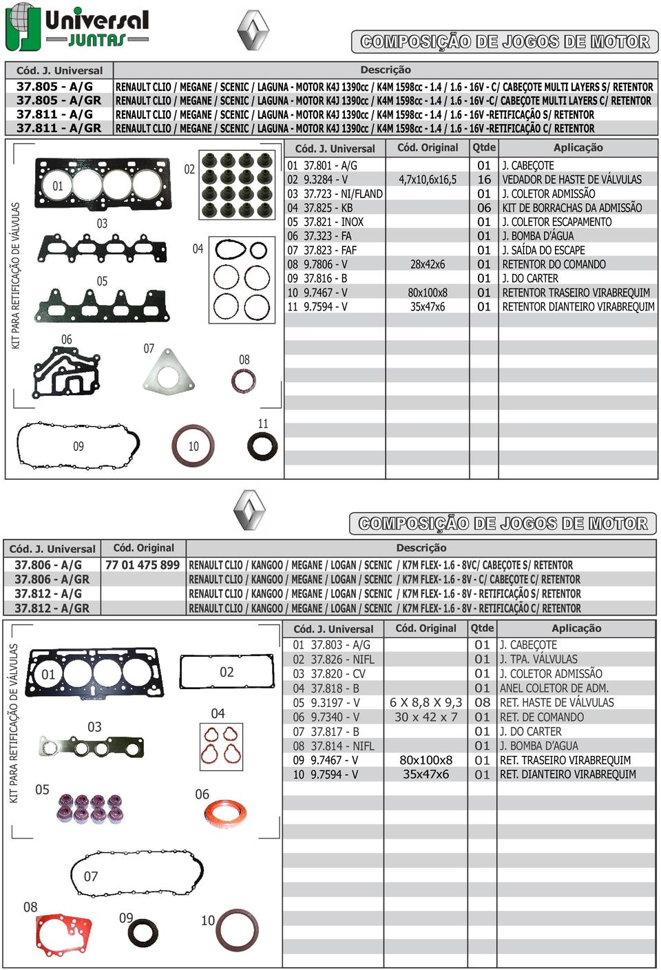 6 - V - C/ CABEÇOTE MULTI LAYERS S/ RETENTOR RENAULT CLIO / MEGANE / SCENIC / LAGUNA - MOTOR K4J 90cc / K4M 98cc - 1.4 / 1.