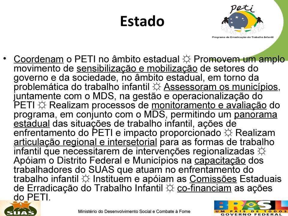 panorama estadual das situações de trabalho infantil, ações de enfrentamento do PETI e impacto proporcionado Realizam articulação regional e intersetorial para as formas de trabalho infantil que