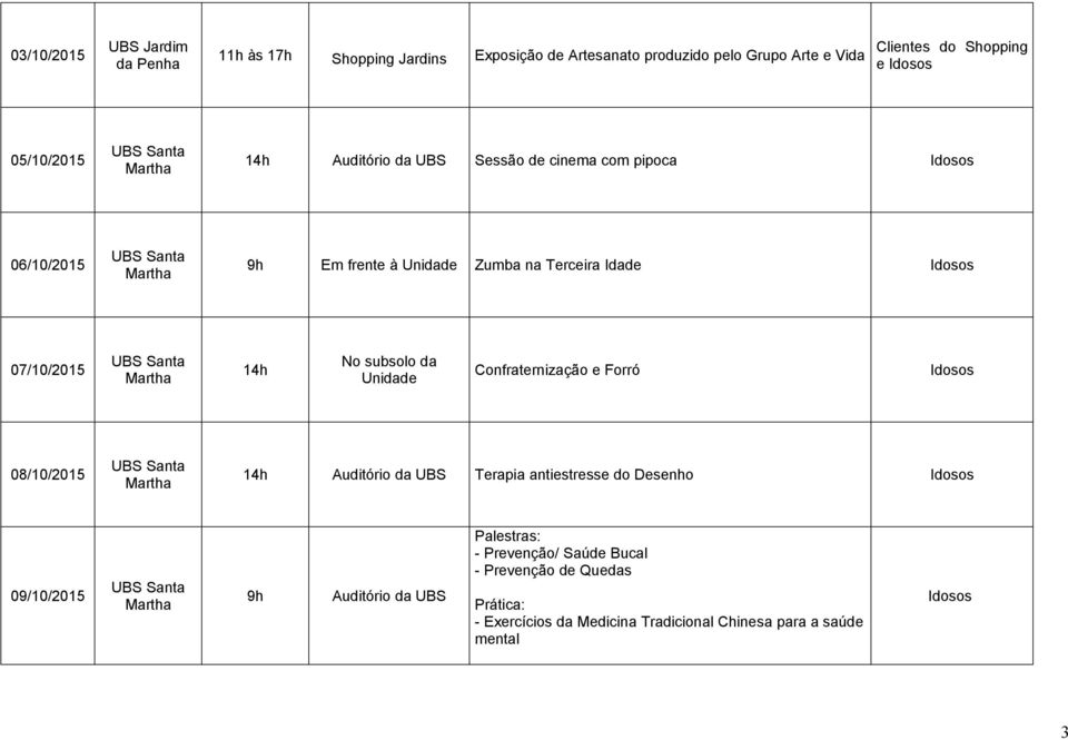 subsolo da Unidade Confraternização e Forró 08/10/2015 14h Auditório da UBS Terapia antiestresse do Desenho 09/10/2015 9h Auditório