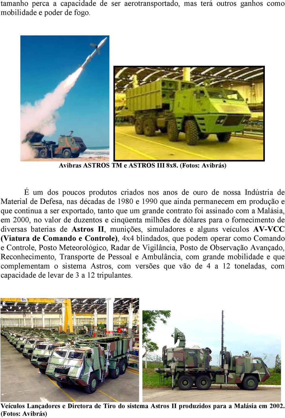 exportado, tanto que um grande contrato foi assinado com a Malásia, em 2000, no valor de duzentos e cinqüenta milhões de dólares para o fornecimento de diversas baterias de Astros II, munições,