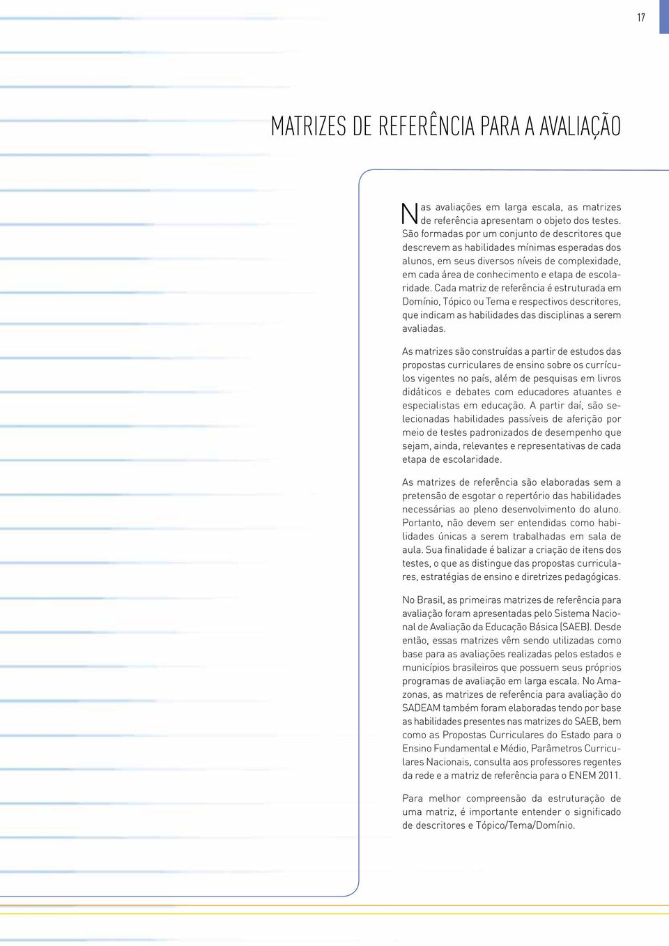 Cada matriz de referência é estruturada em Domínio, Tópico ou Tema e respectivos descritores, que indicam as habilidades das disciplinas a serem avaliadas.