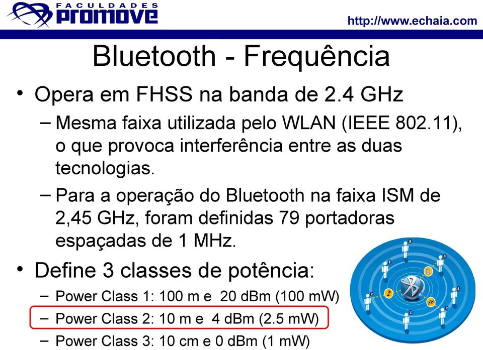 Para a operação do Bluetooth na faixa ISM de 2,45 GHz, foram definidas 79 portadoras espaçadas de 1