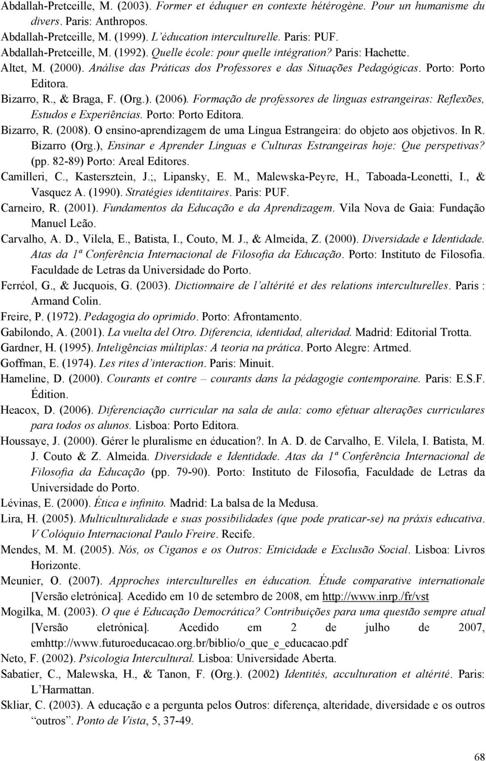 Bizarro, R., & Braga, F. (Org.). (2006). Formação de professores de línguas estrangeiras: Reflexões, Estudos e Experiências. Porto: Porto Editora. Bizarro, R. (2008).