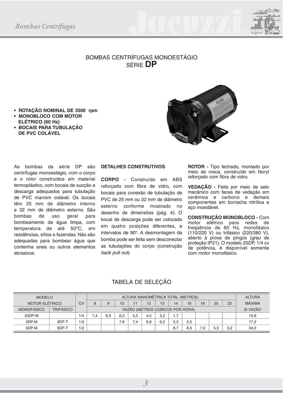 Os bocais têm 25 mm de diâmetro interno e 32 mm de diâmetro externo. São bombas de uso geral para bombeamento de água limpa, com temperatura de até 50ºC, em residências, sítios e fazendas.