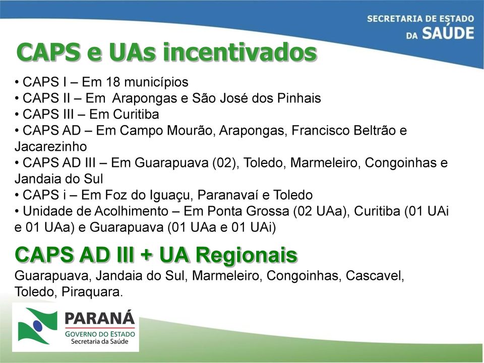 Sul CAPS i Em Foz do Iguaçu, Paranavaí e Toledo Unidade de Acolhimento Em Ponta Grossa (02 UAa), Curitiba (01 UAi e 01 UAa) e