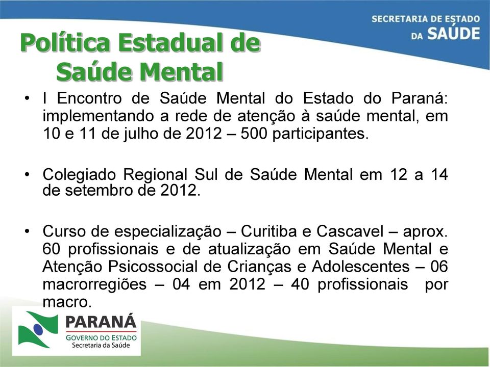 Colegiado Regional Sul de Saúde Mental em 12 a 14 de setembro de 2012.