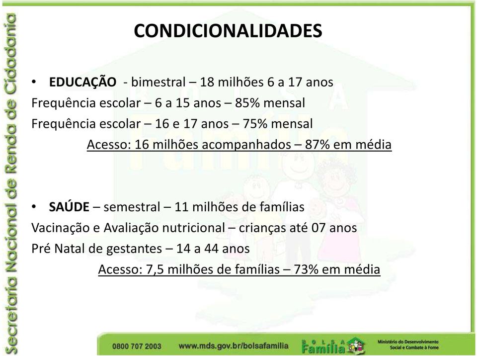 em média SAÚDE semestral 11 milhões de famílias Vacinação e Avaliação nutricional