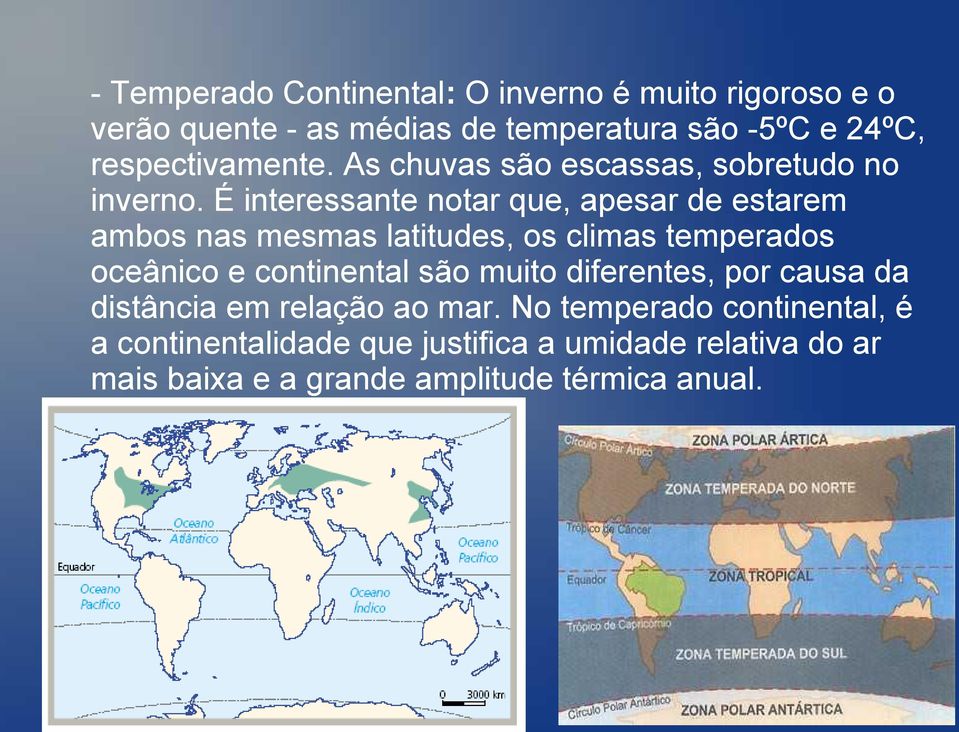 É interessante notar que, apesar de estarem ambos nas mesmas latitudes, os climas temperados oceânico e continental são