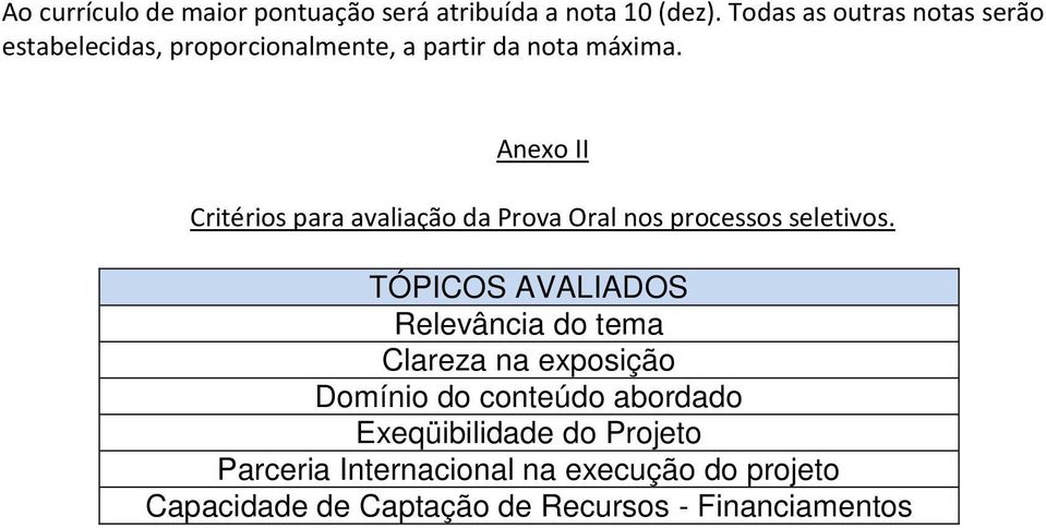 Anexo II Critérios para avaliação da Prova Oral nos processos seletivos.