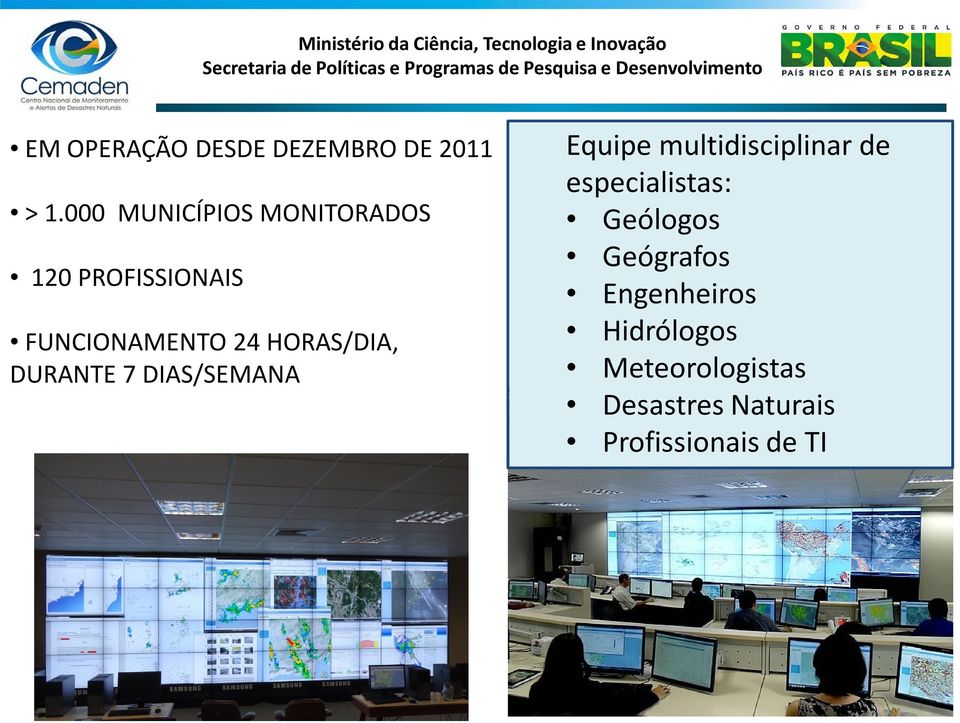 000 MUNICÍPIOS MONITORADOS 120 PROFISSIONAIS FUNCIONAMENTO 24 HORAS/DIA, DURANTE 7 DIAS/SEMANA