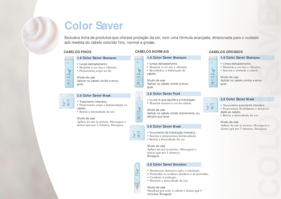 Proporciona corpo e luminosidade ao cabelo. Retém a intensidade da cor. Aplicar da raiz às pontas. Massagear e deixar agir por 5 minutos. Enxaguar. CABELOS NORMAIS 1.