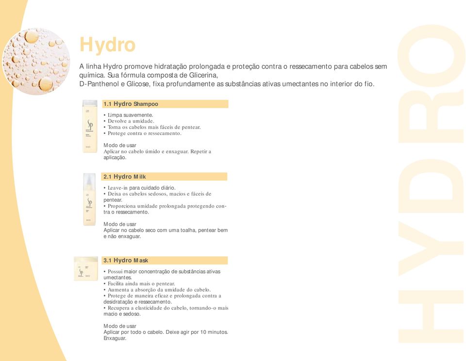 Torna os cabelos mais fáceis de pentear. Protege contra o ressecamento. Aplicar no cabelo úmido e enxaguar. Repetir a aplicação. 2.1 Hydro Milk Leave-in para cuidado diário.