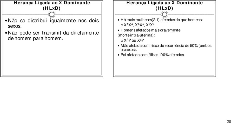 Herança Ligada ao X Dominante (HLxD) Há mais mulheres(2:1) afetadas do que homens: X A X A,X A X a,x a