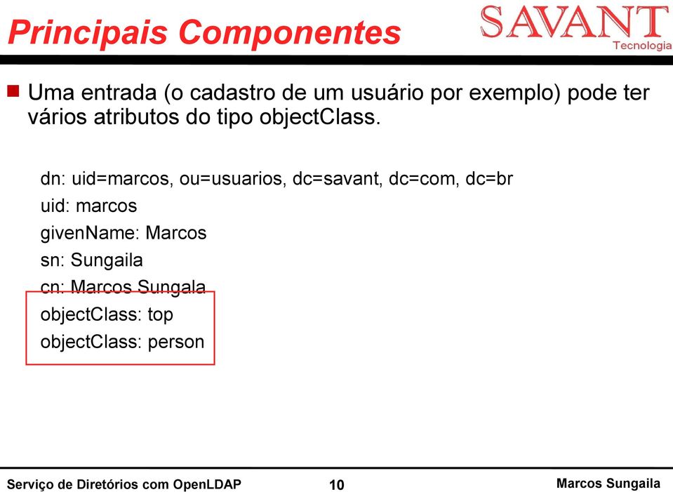 dn: uid=marcos, ou=usuarios, dc=savant, dc=com, dc=br uid: marcos givenname: