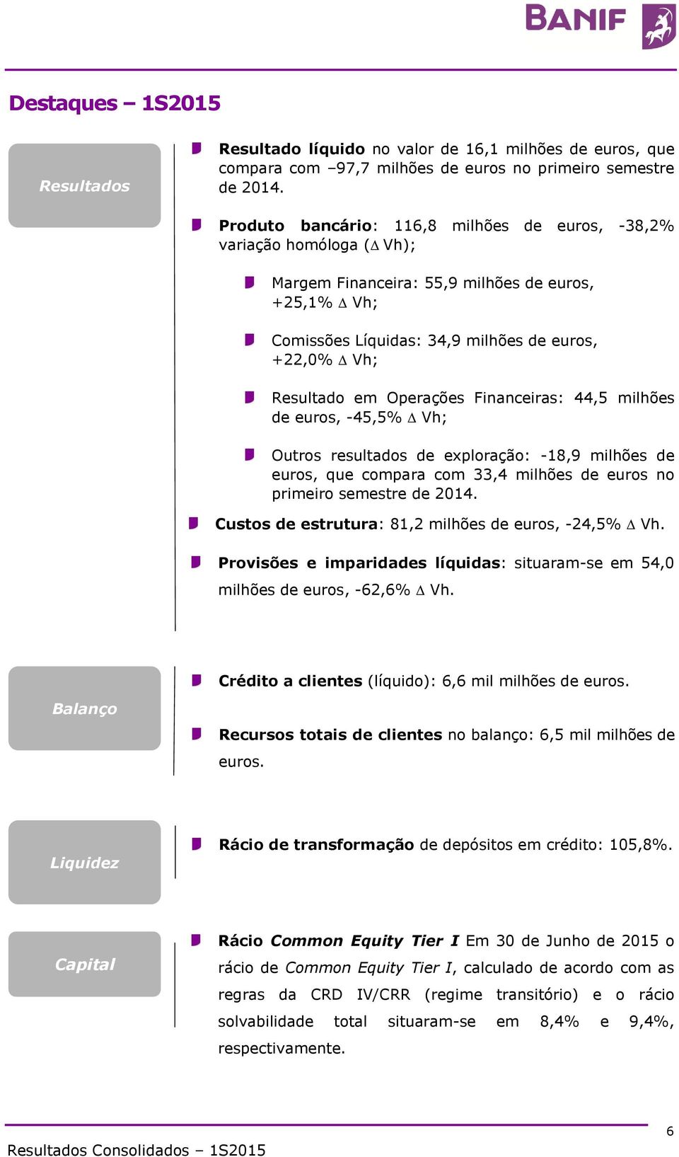 Operações Financeiras: 44,5 milhões de euros, -45,5% D Vh; Outros resultados de exploração: -18,9 milhões de euros, que compara com 33,4 milhões de euros no primeiro semestre de 2014.