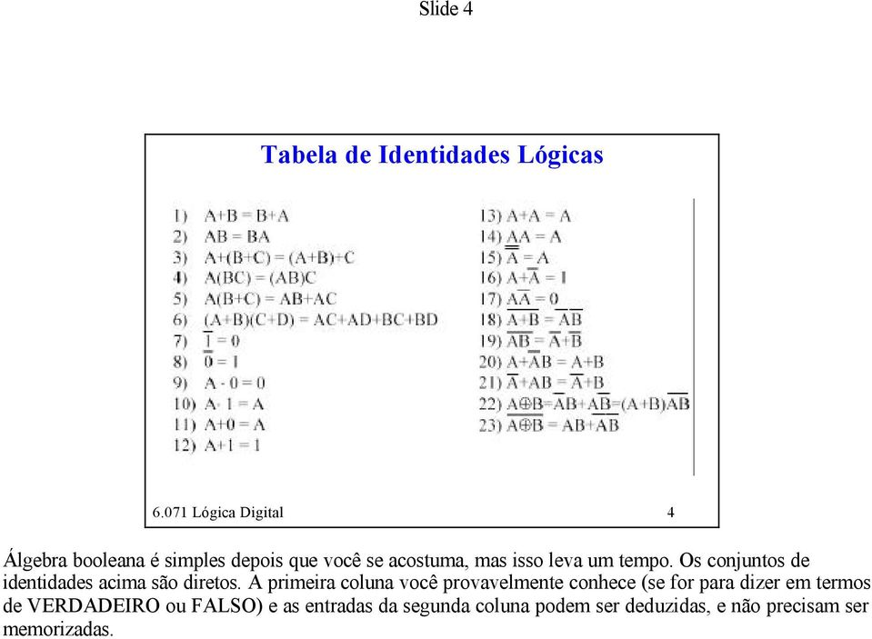 um tempo. Os conjuntos de identidades acima são diretos.