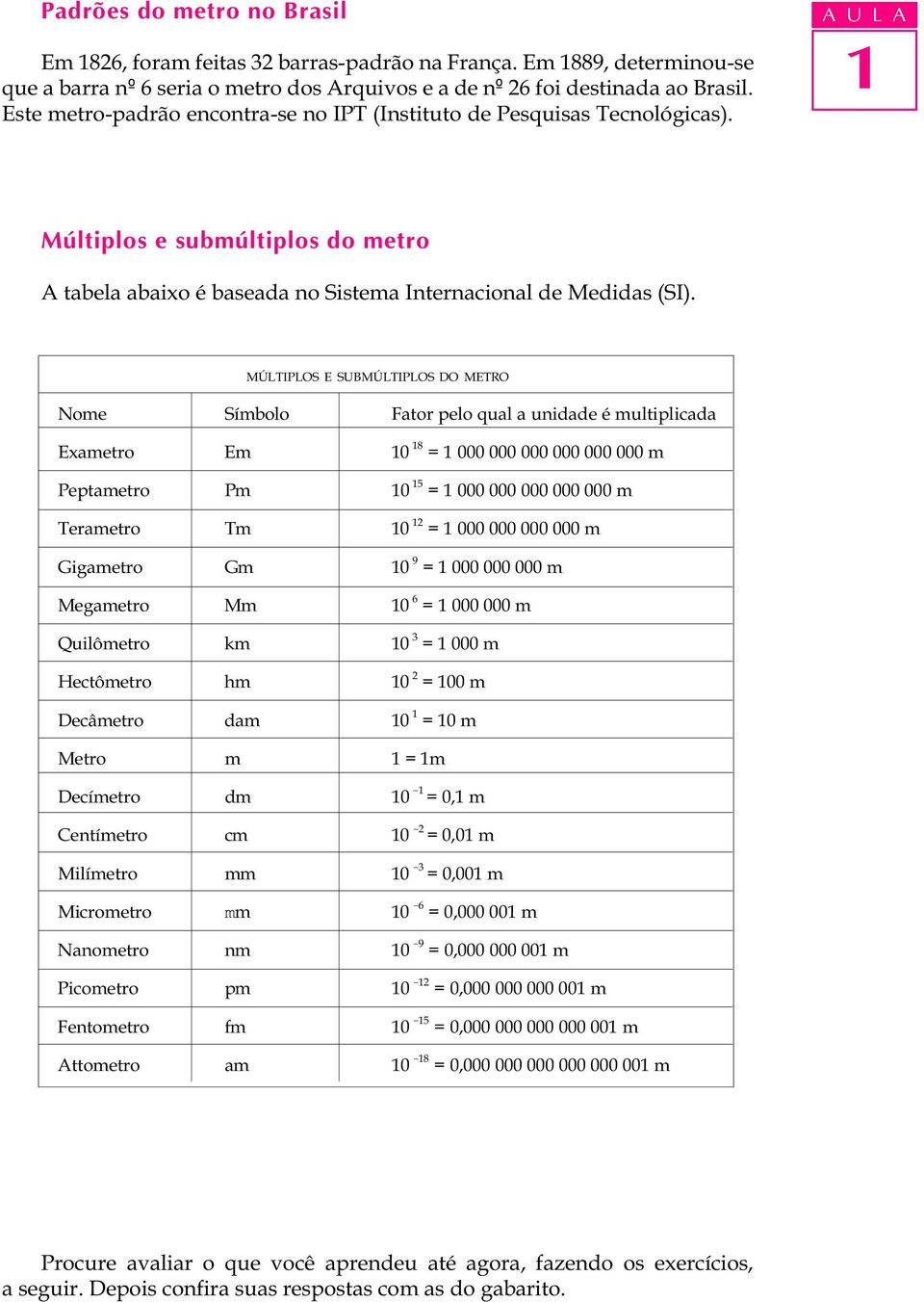 MÚLTIPLOS E SUBMÚLTIPLOS DO METRO Nome Símbolo Fator pelo qual a unidade é multiplicada Exametro Em 10 18 = 1 000 000 000 000 000 000 m Peptametro Pm 10 15 = 1 000 000 000 000 000 m Terametro Tm 10