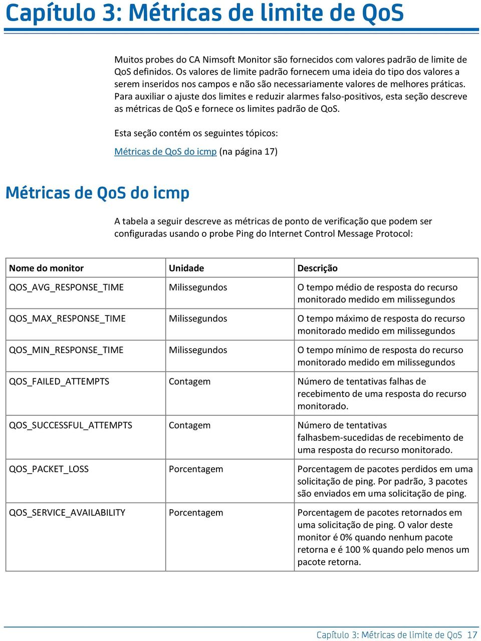 Para auxiliar o ajuste dos limites e reduzir alarmes falso-positivos, esta seção descreve as métricas de QoS e fornece os limites padrão de QoS.