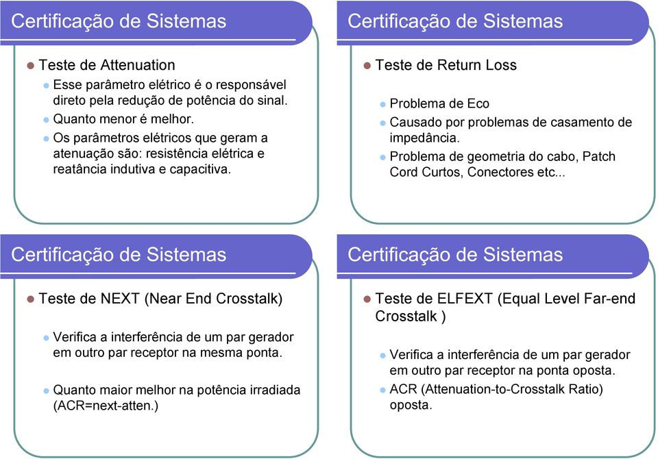 Teste de Return Loss Problema de Eco Causado por problemas de casamento de impedância. Problema de geometria do cabo, Patch Cord Curtos, Conectores etc.