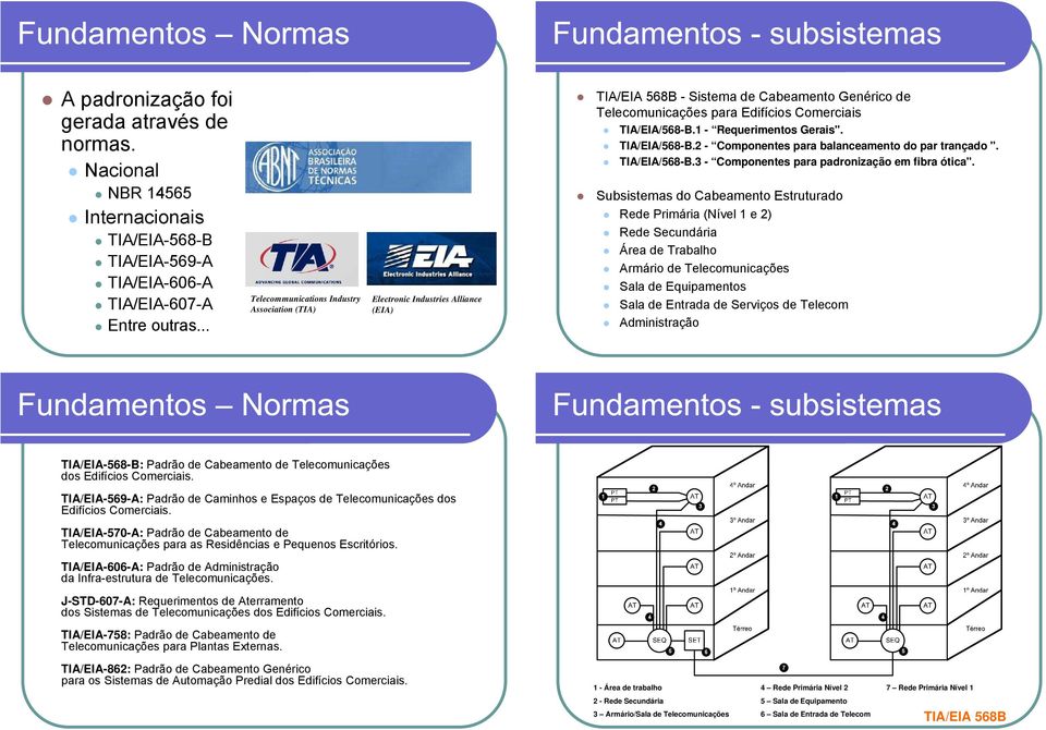 - Requerimentos Gerais". TIA/EIA/58-B. - Componentes para balanceamento do par trançado ". TIA/EIA/58-B. - Componentes para padronização em fibra ótica".