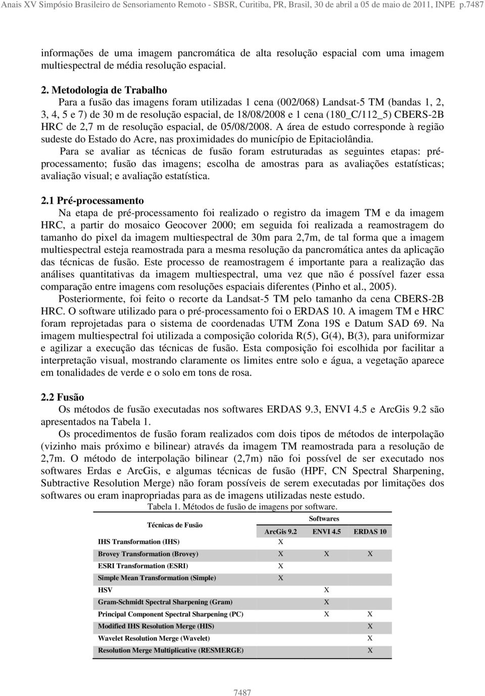 Metodologia de Trabalho Para a fusão das imagens foram utilizadas 1 cena (002/068) Landsat-5 TM (bandas 1, 2, 3, 4, 5 e 7) de 30 m de resolução espacial, de 18/08/2008 e 1 cena (180_C/112_5) CBERS-2B