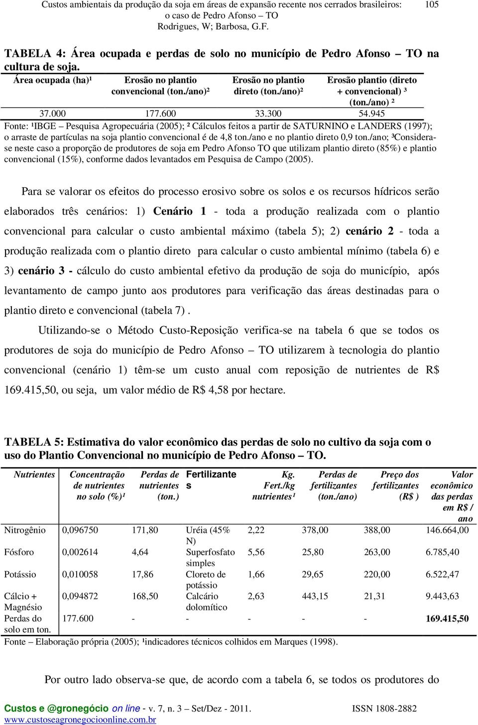 945 Fonte: ¹IBGE Pesquisa Agropecuária (2005); ² Cálculos feitos a partir de SATURNINO e LANDERS (1997); o arraste de partículas na soja plantio convencional é de 4,8 ton.