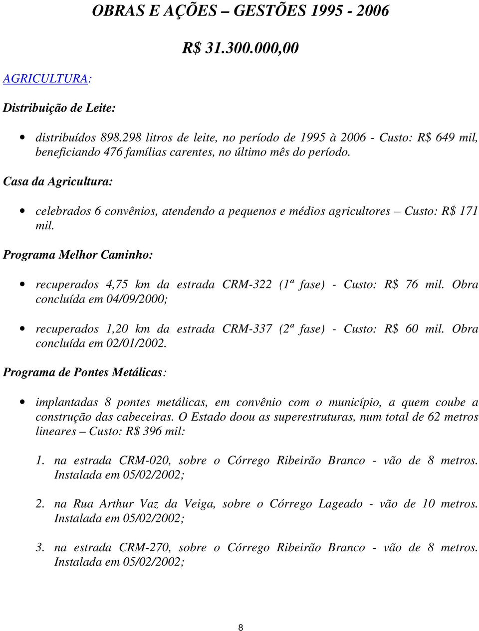 Casa da Agricultura: celebrados 6 convênios, atendendo a pequenos e médios agricultores Custo: R$ 171 mil. Programa Melhor Caminho: recuperados 4,75 km da estrada CRM-322 (1ª fase) - Custo: R$ 76 mil.