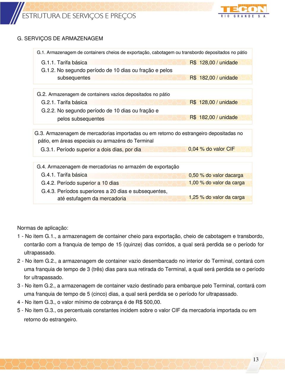 3. Armazenagem de mercadorias importadas ou em retorno do estrangeiro depositadas no pátio, em áreas especiais ou armazéns do Terminal G.3.1.