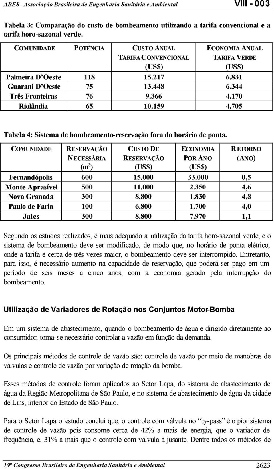 170 Riolândia 65 10.159 4.705 Tabela 4: Sistema de bombeamento-reservação fora do horário de ponta.