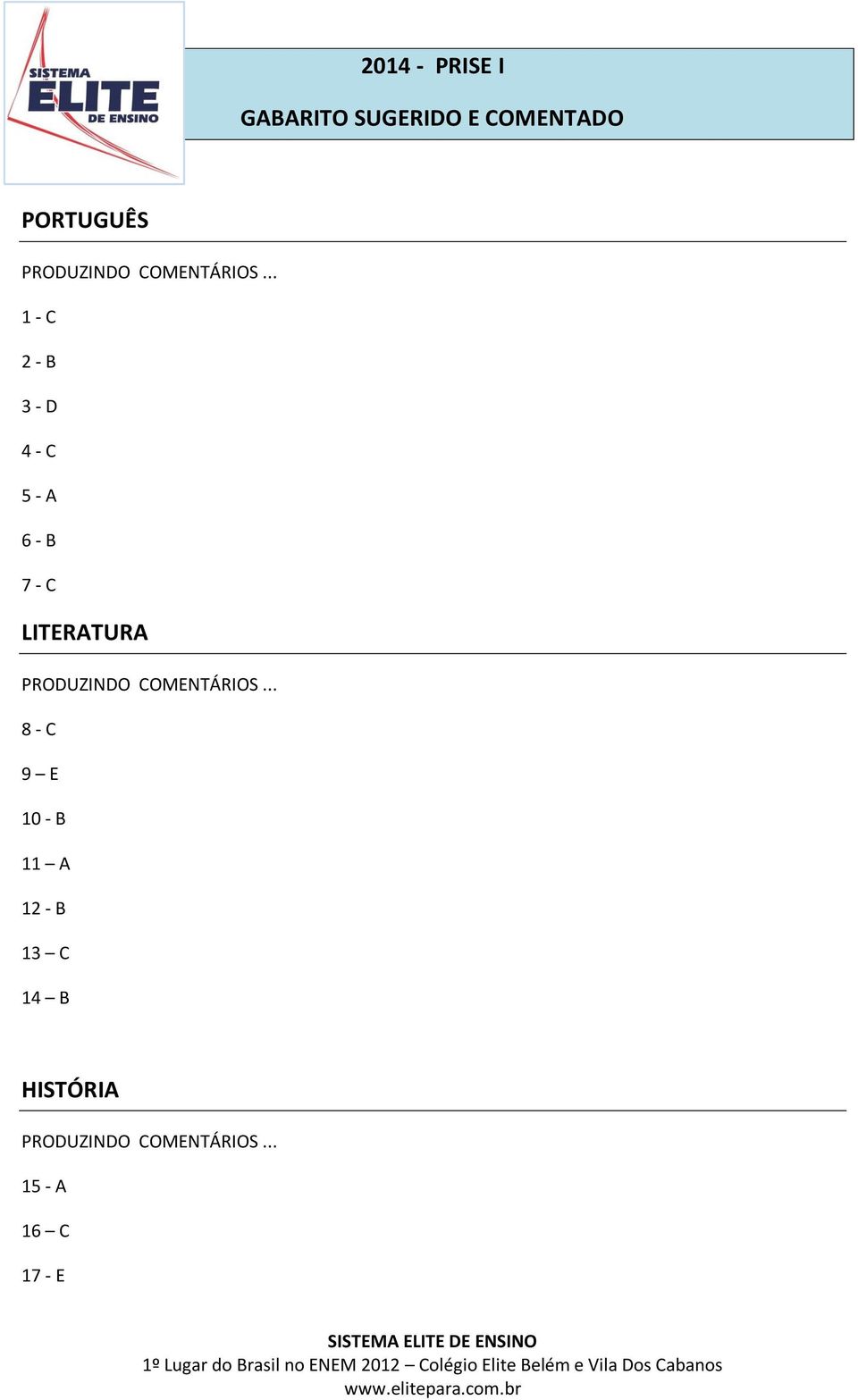 13 C 14 B HISTÓRIA 15 - A 16 C 17 - E 1º Lugar do