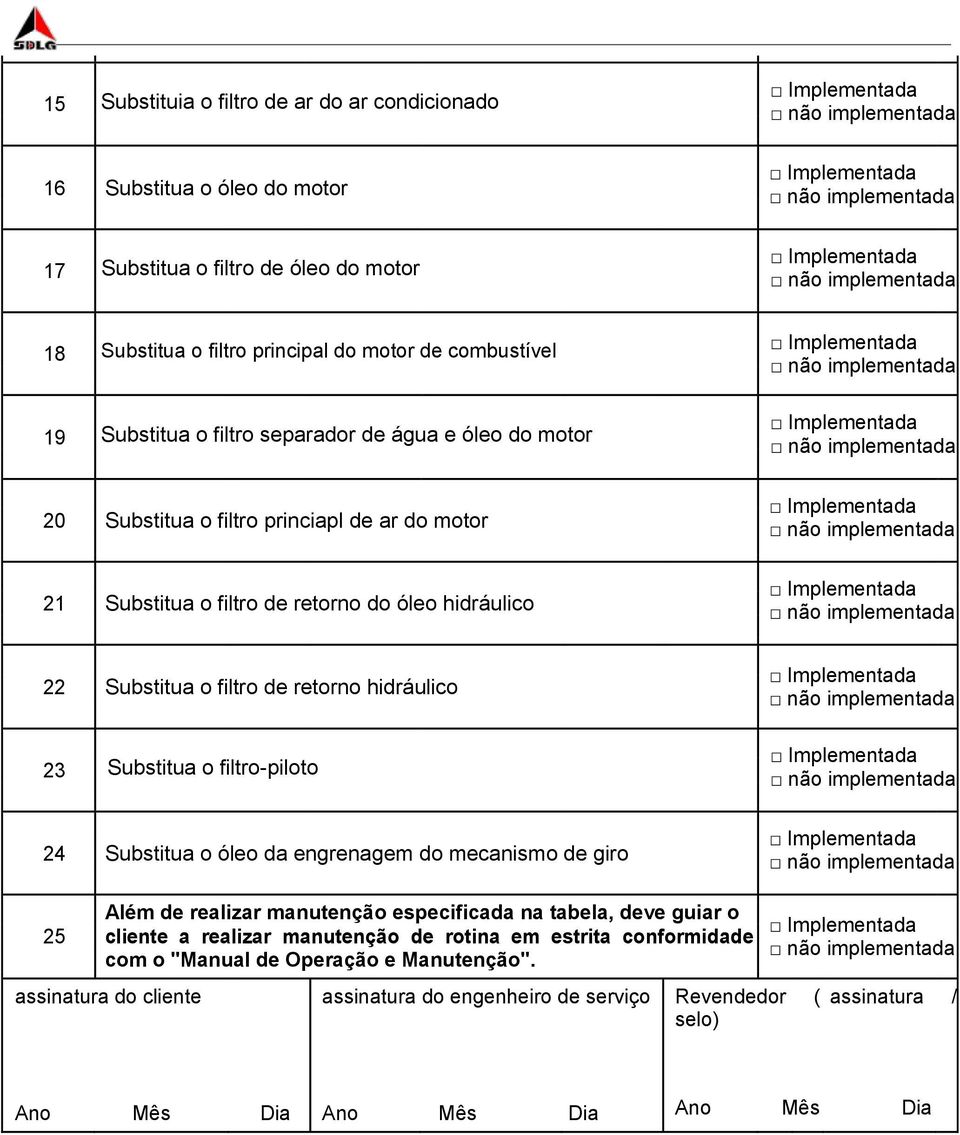 Substitua o filtro-piloto 24 Substitua o óleo da engrenagem do mecanismo de giro Além de realizar manutenção especificada na tabela, deve guiar o 25 cliente a realizar manutenção de rotina