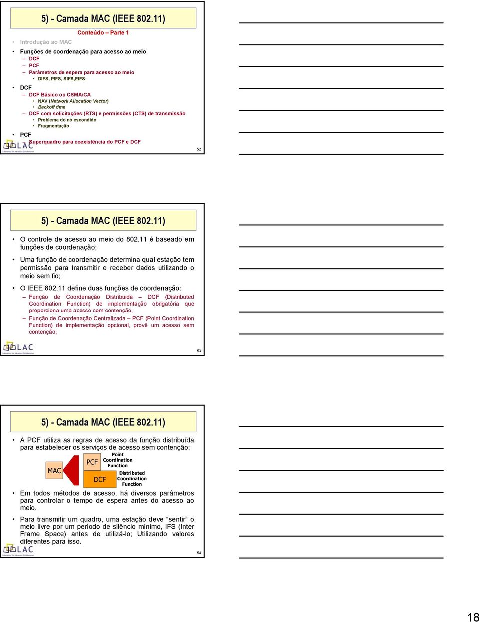 Allocation Vector) Backoff time DCF com solicitações (RTS) e permissões (CTS) de transmissão Problema do nó escondido Fragmentação PCF Superquadro para coexistência do PCF e DCF 52 11) O controle de