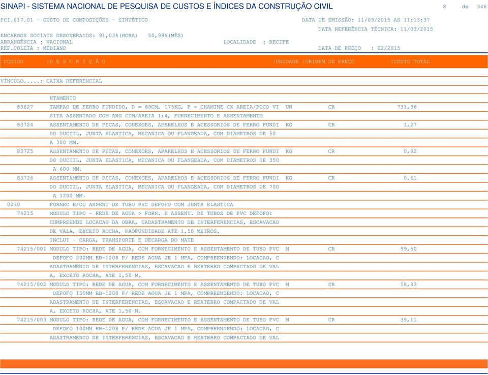 83725 ASSENTAMENTO DE PECAS, CONEXOES, APARELHOS E ACESSORIOS DE FERRO FUNDI KG CR 0,82 DO DUCTIL, JUNTA ELASTICA, MECANICA OU FLANGEADA, COM DIAMETROS DE 350 A 600 MM.