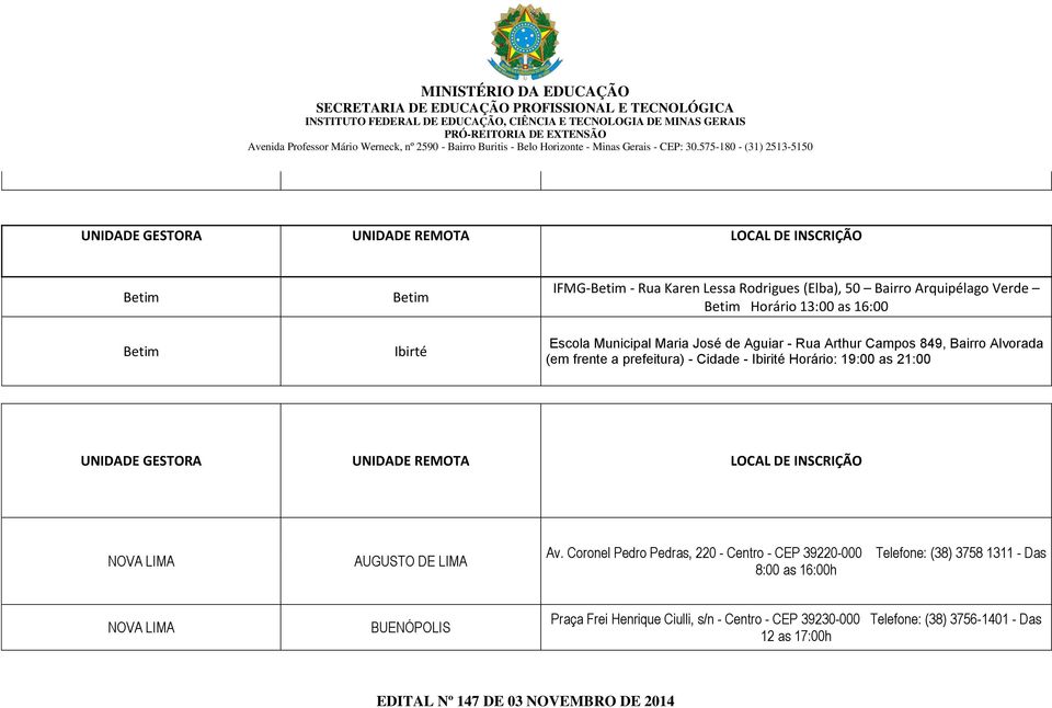 19:00 as 21:00 UNIDADE GESTORA UNIDADE REMOTA LOCAL DE INSCRIÇÃO NOVA LIMA AUGUSTO DE LIMA Av.