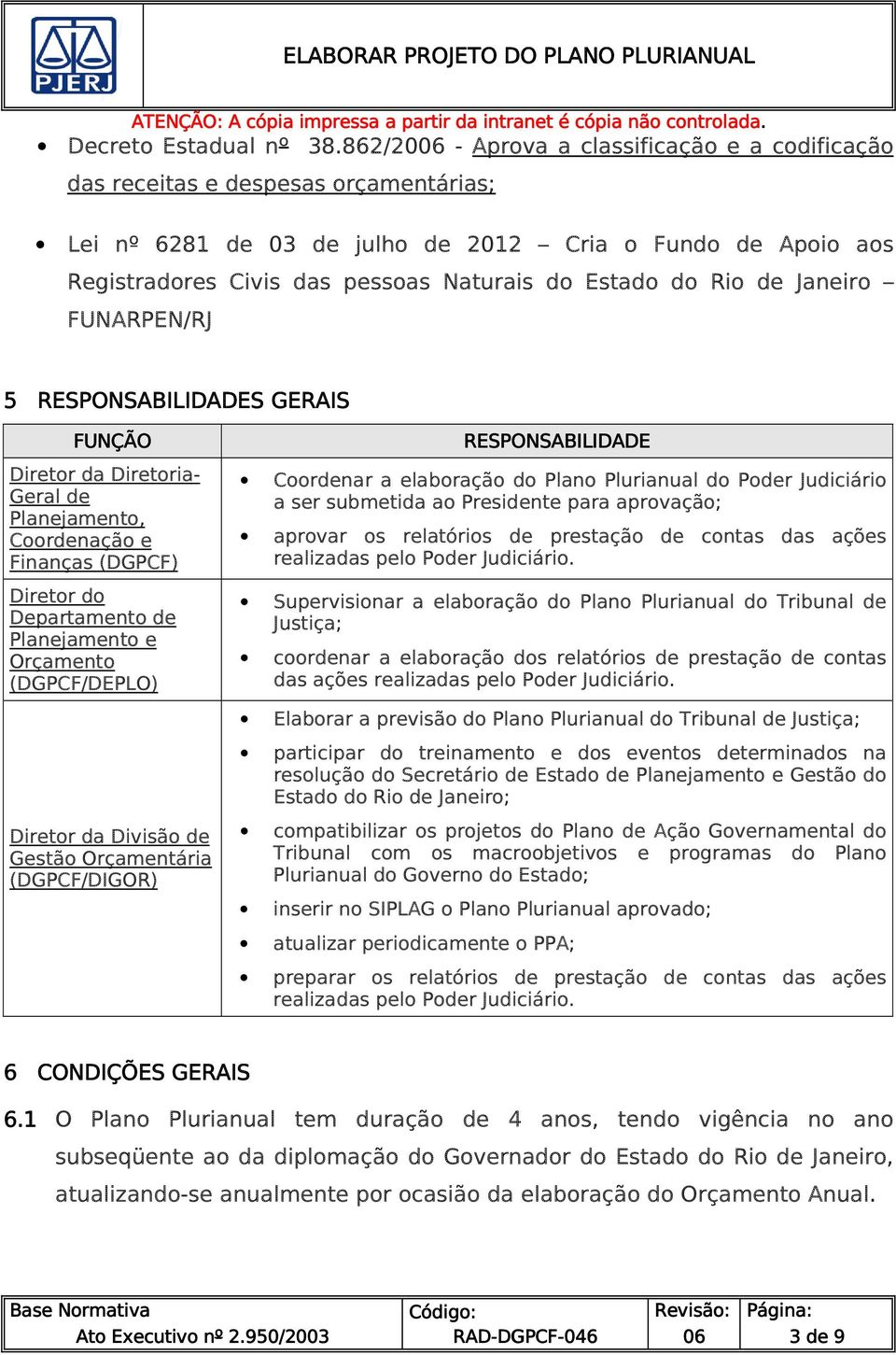 Estado do Rio de Janeiro FUNARPEN/RJ 5 RESPONSABILIDADES GERAIS FUNÇÃO Diretor da Diretoria- Geral de Planejamento, Coordenação e Finanças (DGPCF) Diretor do Departamento de Planejamento e Orçamento