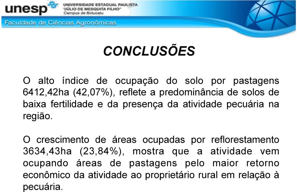 O crescimento de áreas ocupadas por reflorestamento 3634,43ha (23,84%), mostra que a atividade vem