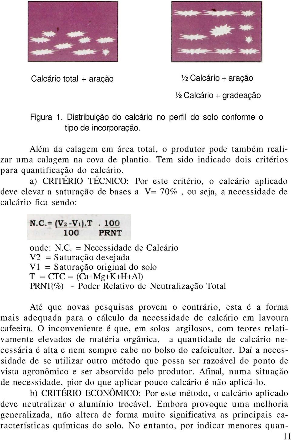 a) CRITÉRIO TÉCNICO: Por este critério, o calcário aplicado deve elevar a saturação de bases a V= 70%, ou seja, a necessidade de calcário fica sendo: onde: N.C. = Necessidade de Calcário V2 =