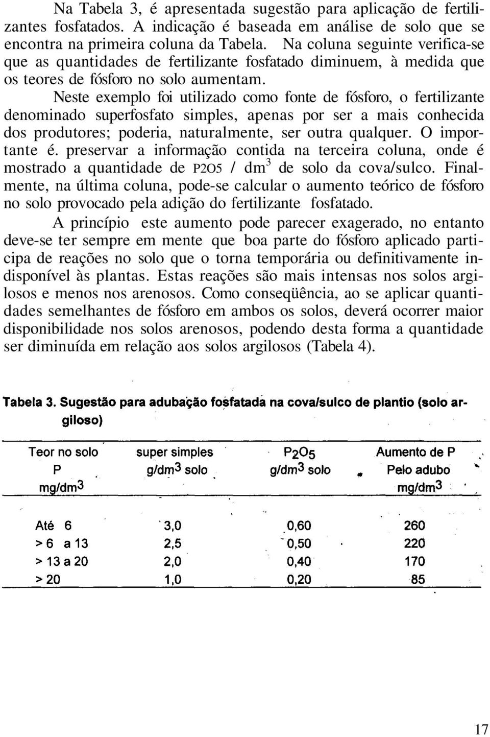 Neste exemplo foi utilizado como fonte de fósforo, o fertilizante denominado superfosfato simples, apenas por ser a mais conhecida dos produtores; poderia, naturalmente, ser outra qualquer.