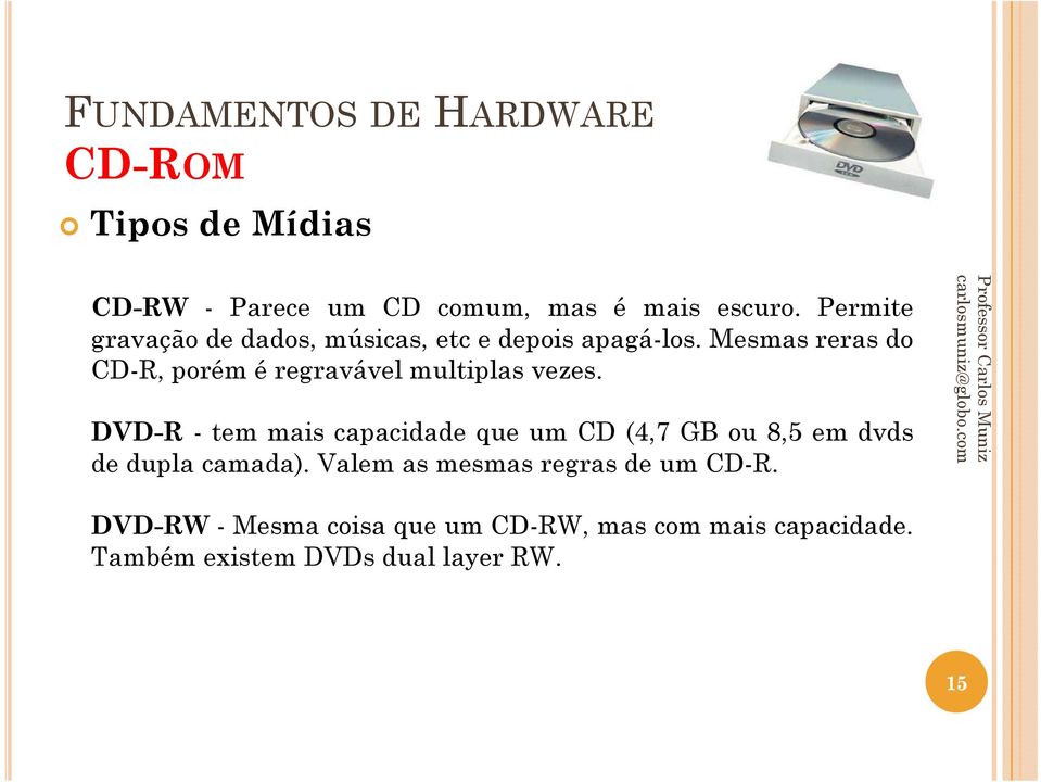 Mesmas reras do CD-R, porém é regravável multiplas vezes.