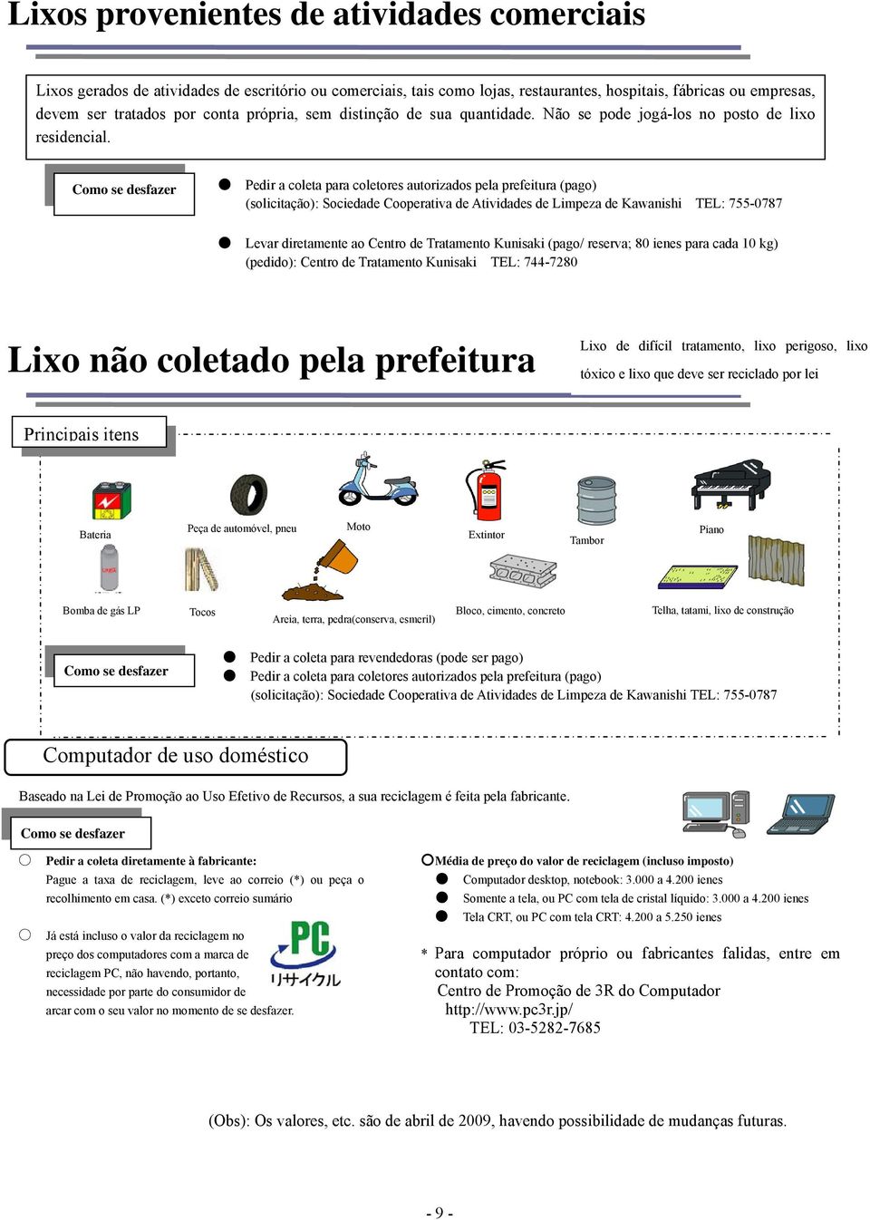 Como se desfazer Pedir a coleta para coletores autorizados pela prefeitura (pago) (solicitação): Sociedade Cooperativa de Atividades de Limpeza de Kawanishi TEL: 755-0787 Levar diretamente ao Centro