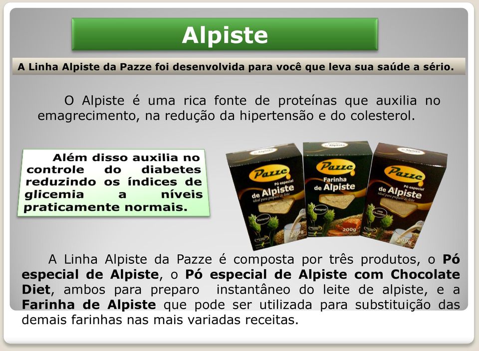 A Linha Alpiste da Pazze é composta por três produtos, o Pó especial de Alpiste, o Pó especial de Alpiste com Chocolate