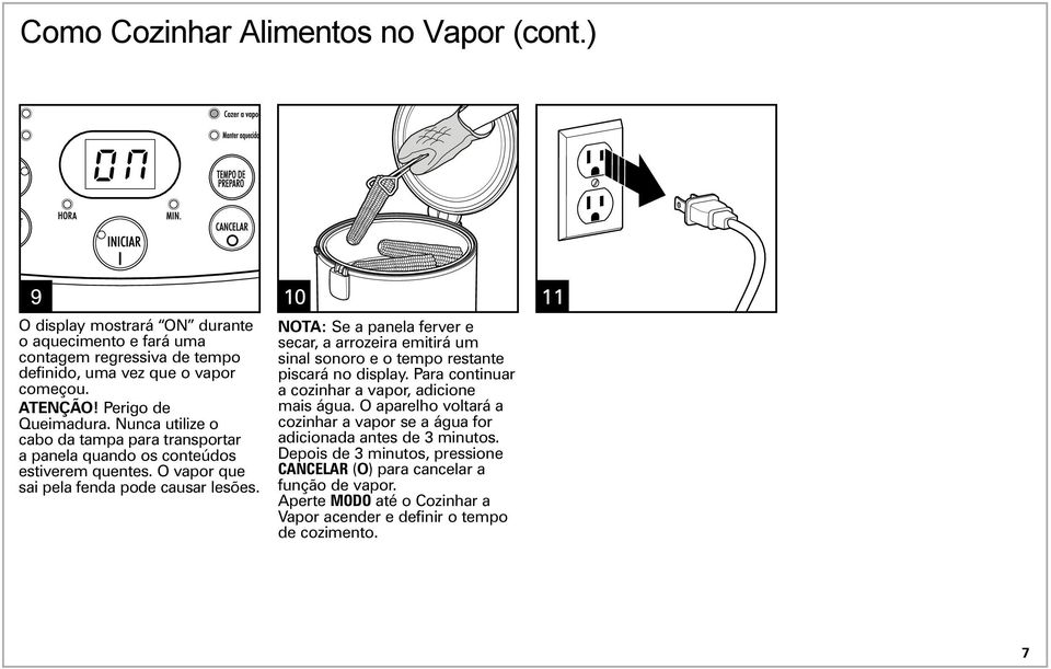 10 11 NOTA: Se a panela ferver e secar, a arrozeira emitirá um sinal sonoro e o tempo restante piscará no display. Para continuar a cozinhar a vapor, adicione mais água.